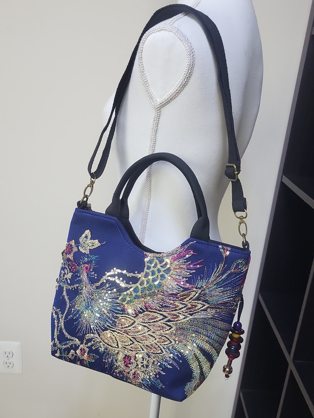 Blue Sequin Peacock Lightweight Handle & Removable Crossbody Strap Bag